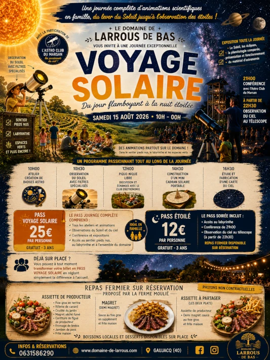 Voyage Solaire au Domaine de Larrous de Bas, le samedi 15 août 2026