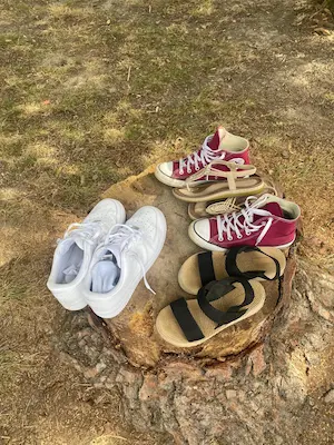 Chaussures déposées sur un tronc d’arbre avant de parcourir le sentier pieds nus du Domaine de Larrous – Domaine de Larrous, Gaujacq (Landes)