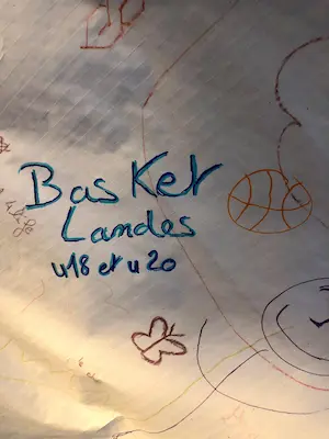 Dessin de l’équipe Basket Landes sur le mur à dessin du Labyrinthe de Chalosse dans les Landes – Domaine de Larrous, Gaujacq (Landes)